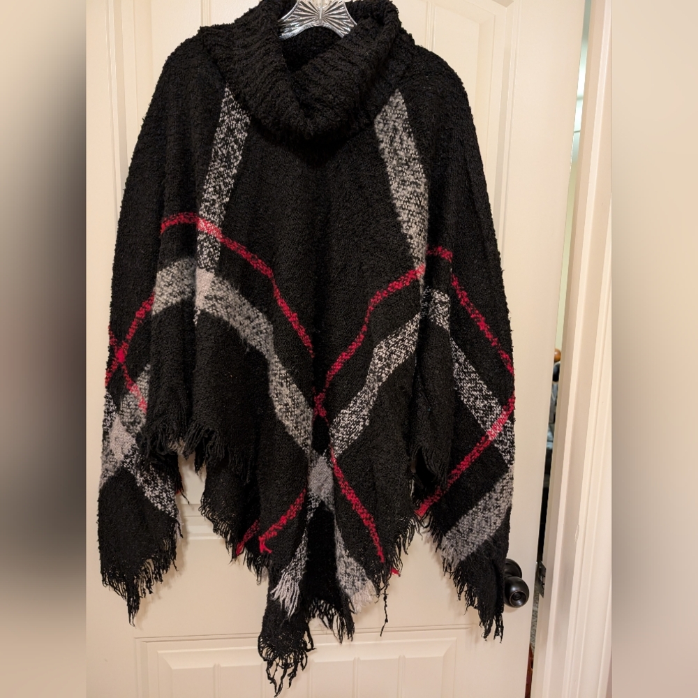 Cozy Black and Gray Turtleneck Poncho Sweater